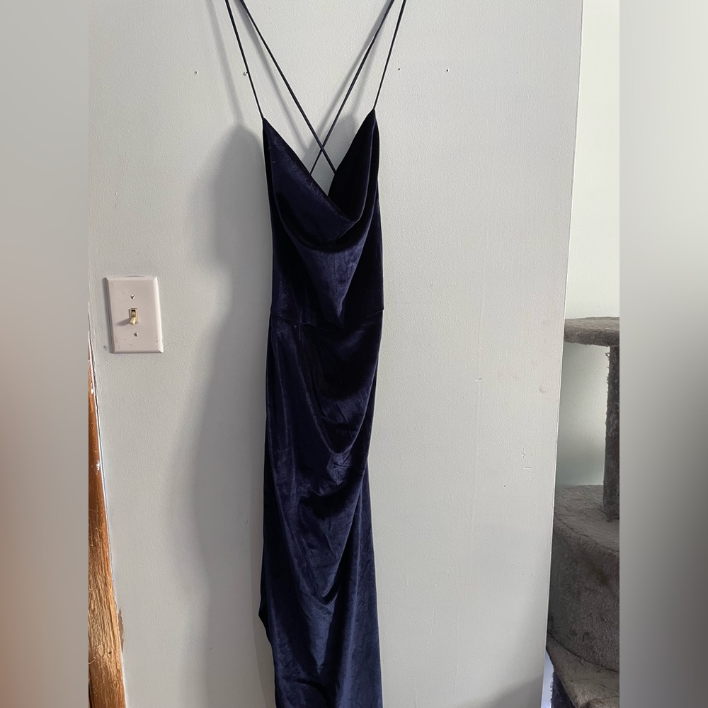 lucy in the sky navy blue long dress; tight backless w slit on left side size M